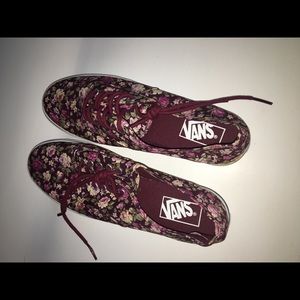 Marroon colored floral print vans